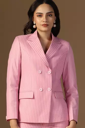 Striped peaked lapel collar double-breasted formal blazer