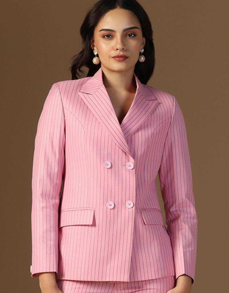 Striped peaked lapel collar double-breasted formal blazer