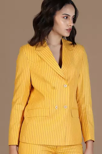 Striped peaked lapel collar double breasted formal blazer