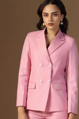 Striped peaked lapel collar double-breasted formal blazer