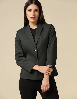 Women dark green single breasted blazer 1