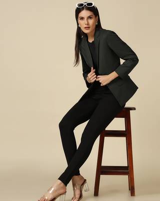 Women dark green single breasted blazer 4
