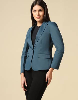 Women blue single breasted blazer 2