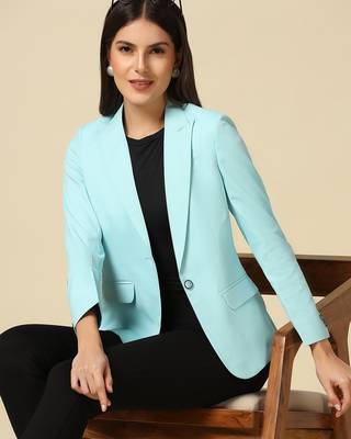 Women sky blue single breasted blazer 4