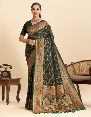 Dark green zari work silk blend saree with blouse 1