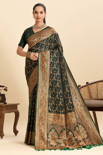 Dark green zari work silk blend saree with blouse