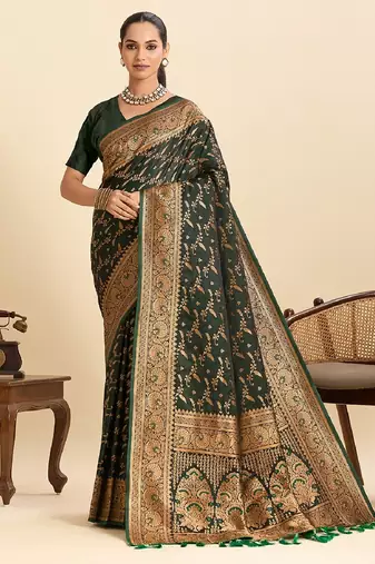 Dark green zari work silk blend saree with blouse