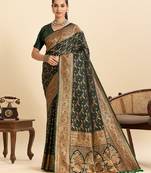 Dark green zari work silk blend saree with blouse