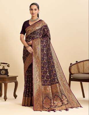 Wine zari work  silk blend saree with blouse 1