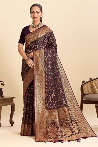 Wine zari work  silk blend saree with blouse