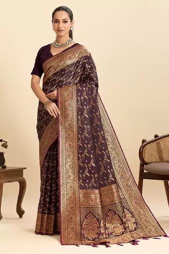 Wine zari work  silk blend saree with blouse