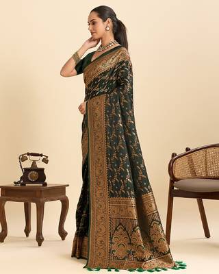 Dark green zari work silk blend saree with blouse 2