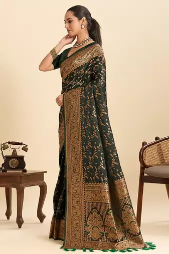 Dark green zari work silk blend saree with blouse