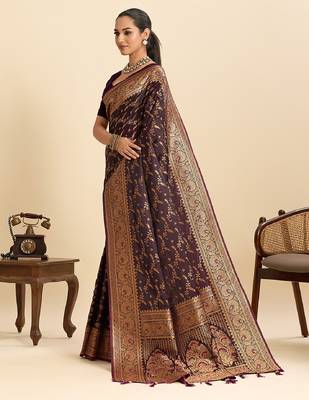 Wine zari work  silk blend saree with blouse 2