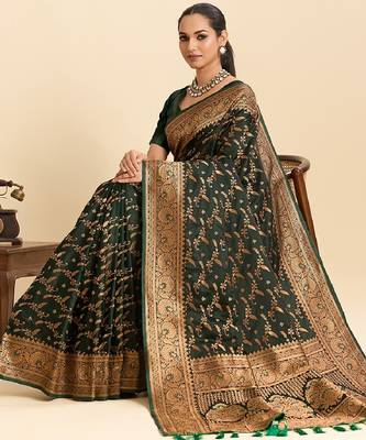 Dark green zari work silk blend saree with blouse 3
