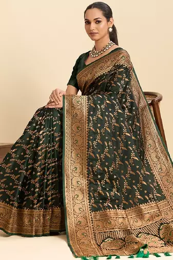 Dark green zari work silk blend saree with blouse