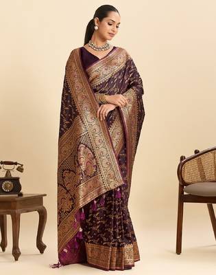 Wine zari work  silk blend saree with blouse 3
