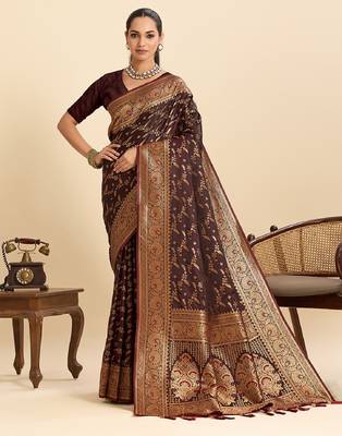 Brown zari work silk blend saree with blouse 1