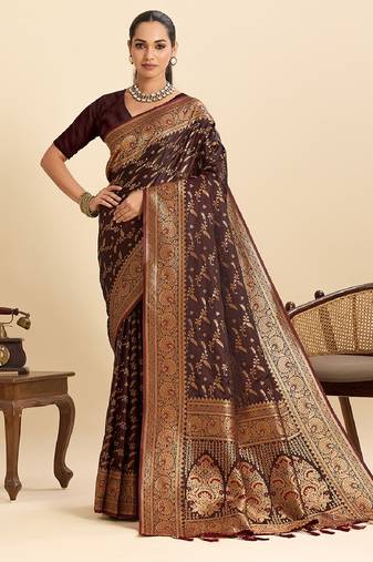 Brown zari work silk blend saree with blouse