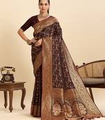 Brown zari work silk blend saree with blouse