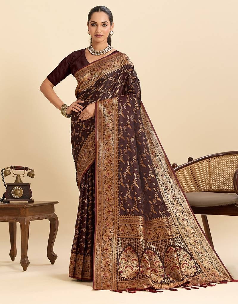Brown zari work silk blend saree with blouse