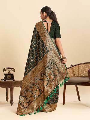 Dark green zari work silk blend saree with blouse 4