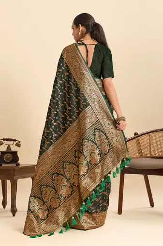 Dark green zari work silk blend saree with blouse
