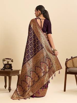 Wine zari work  silk blend saree with blouse 4