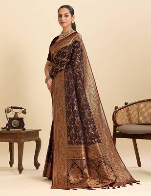 Brown zari work silk blend saree with blouse 2