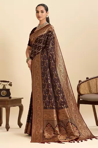 Brown zari work silk blend saree with blouse