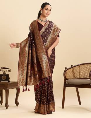 Brown zari work silk blend saree with blouse 3