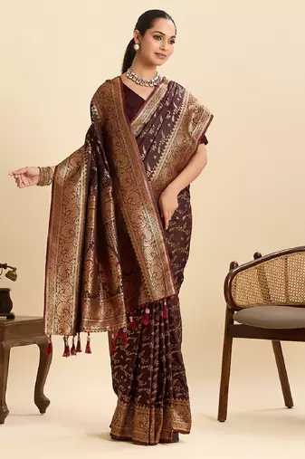 Brown zari work silk blend saree with blouse