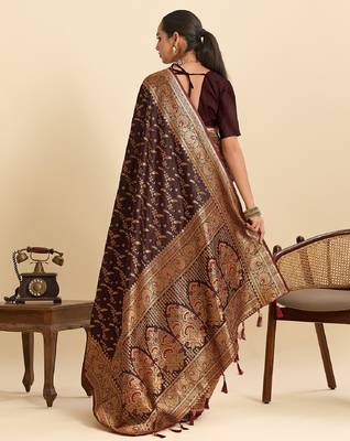 Brown zari work silk blend saree with blouse 4