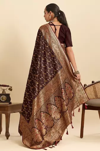 Brown zari work silk blend saree with blouse