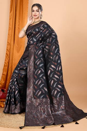 Black zari work border pure silk saree with blouse