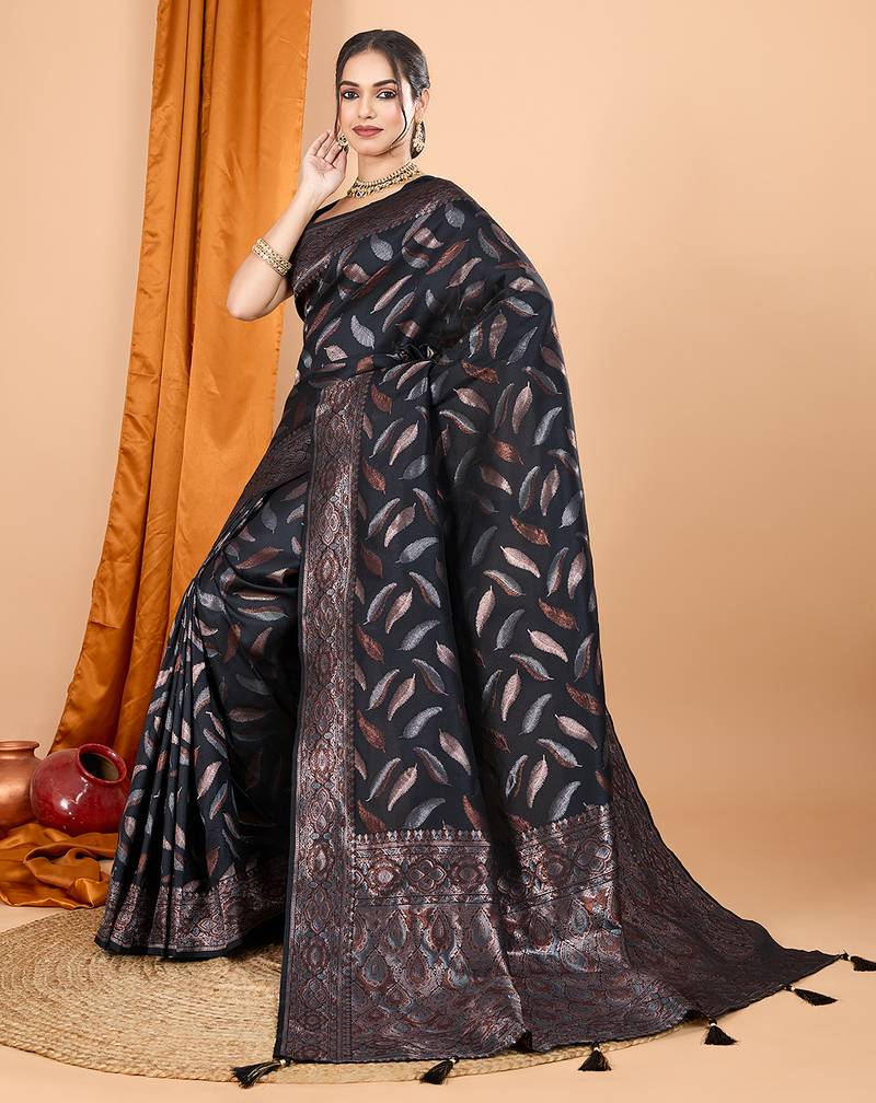 Black zari work border pure silk saree with blouse