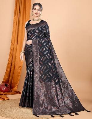 Black zari work border pure silk saree with blouse 2