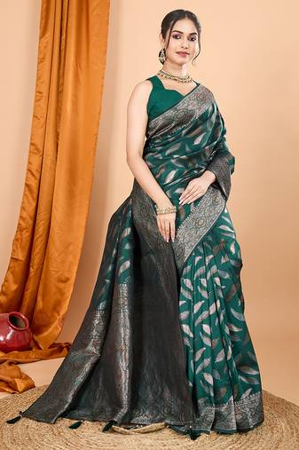 Dark green zari work border pure silk saree with blouse