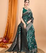 Dark green zari work border pure silk saree with blouse