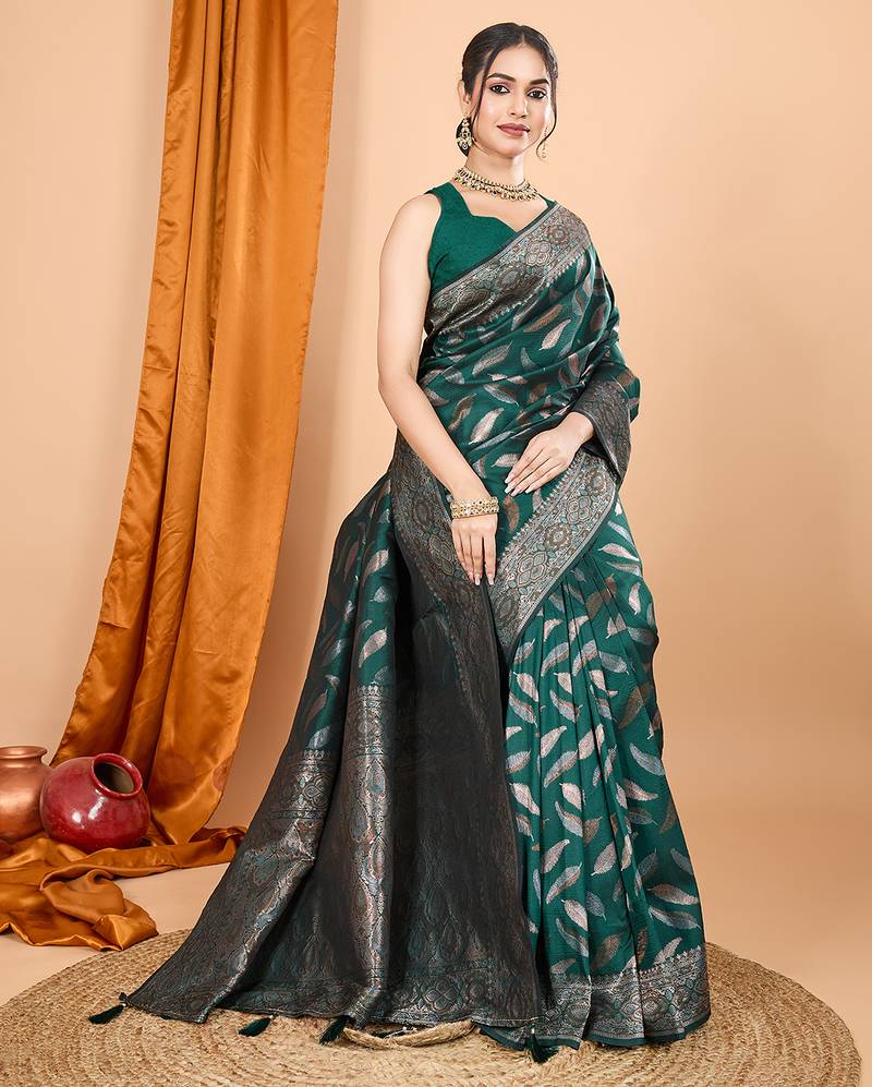 Dark green zari work border pure silk saree with blouse