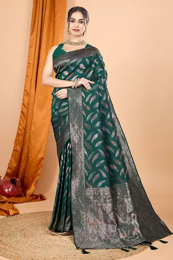Dark green zari work border pure silk saree with blouse