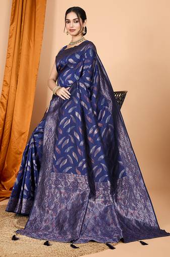 Navy blue zari work border pure silk saree with blouse