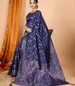 Navy blue zari work border pure silk saree with blouse