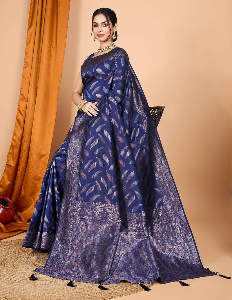Navy blue zari work border pure silk saree with blouse