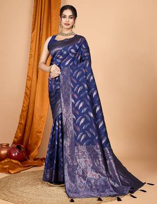 Navy blue zari work border pure silk saree with blouse 2