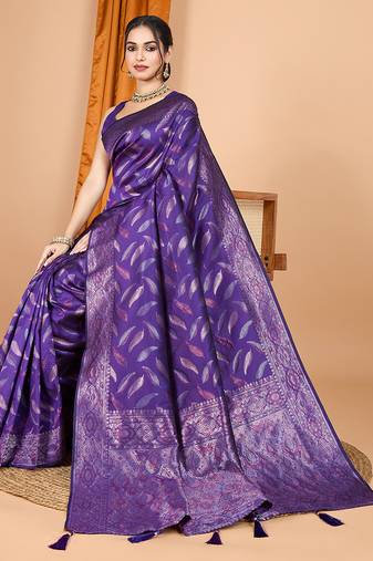 Purple zari work border pure silk saree with blouse