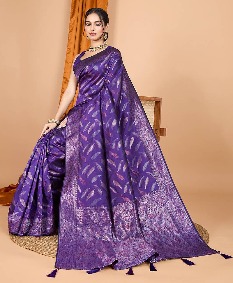 Purple zari work border pure silk saree with blouse