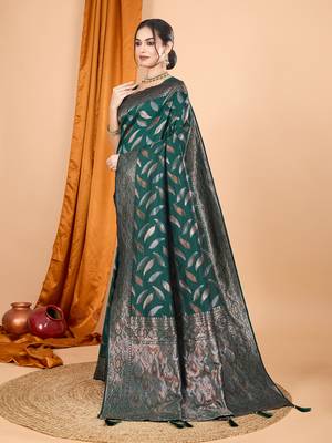 Dark green zari work border pure silk saree with blouse 3