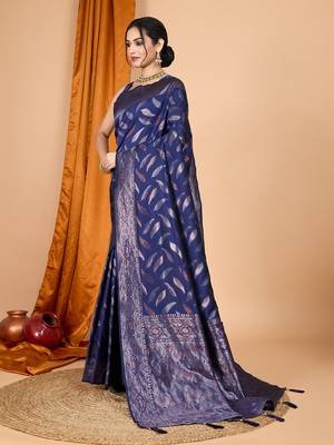 Navy blue zari work border pure silk saree with blouse 3