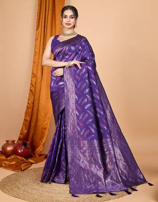 Purple zari work border pure silk saree with blouse 2